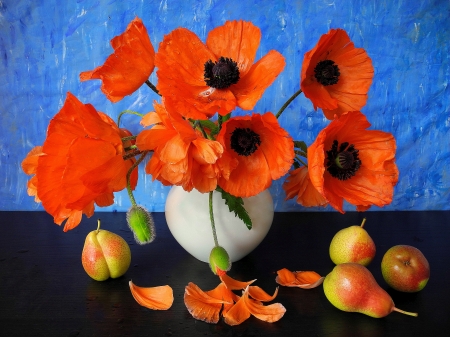 Still life - pears, fruits, bouquet, still life, lovely, vase, pretty, beautiful, petals, poppies