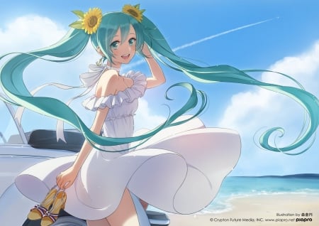 Hatsune Miku - hatsune miku, vara, girl, summer, morikura en, white, car, vocaloid, blue, anime, flower, dress, manga