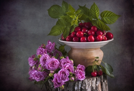 Still life - trandafir, pink, red, cherry, still life, rose, flower, fruit