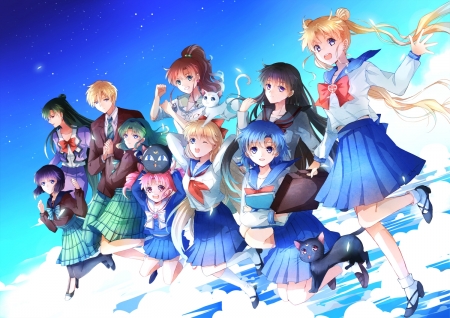 Sailor Soldier - pretty, anime, female, minako, i, usagi tsukino, scene, tsukino, team, happy, sailor moon, group, float, jump, nice, sky, ami, tsukino usagi, rei, anime girl, sailormoon, usagi, girl, lovely, sweet, cloud