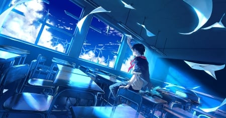 Old School - school uniform, boy, anime, magic, blue, old, school, sky