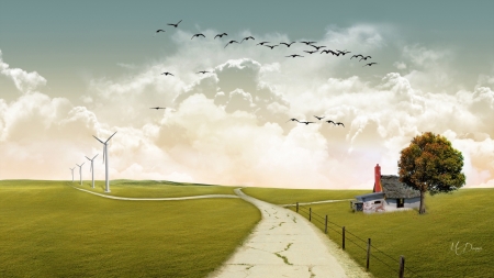 Past and Present - birds, windmills, tree, old house, Firefox Persona theme, vintage, field, technology, country, sky