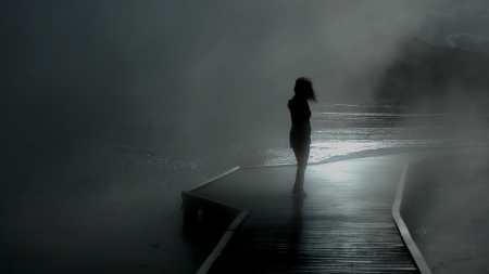 A walk in the dark - fog, pier, girl, dark