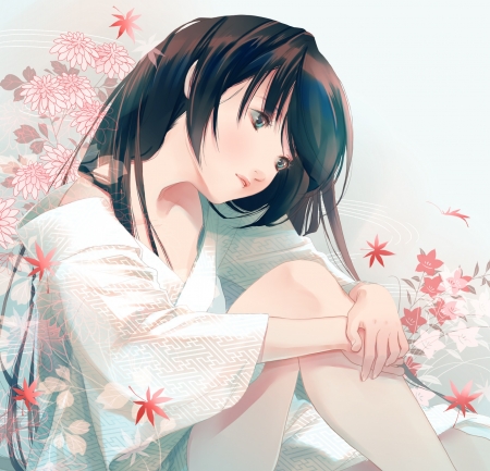 Lost In Thought - Flowers, Black Hair, Anime Girl, Green Eyes, Fuuchouin, Anime, Kazuki Fuuchouin, Kazuki, Long Hair, Transgender, Getbackers, Big Eyes, Maple Leaf