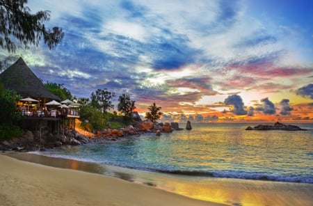 Seychelles Sunset - sky, clouds, beach, house, trees, sea, colors