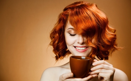 Good morning - redredhead, girl, orange, smile, hand, woman, model, face, cup