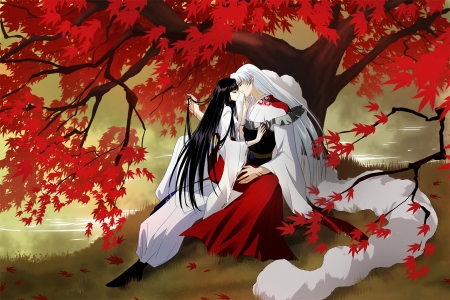 Lovers - girl, man, tree, fantasy, white, autumn, red, leaf, couple, art, asian, lovers