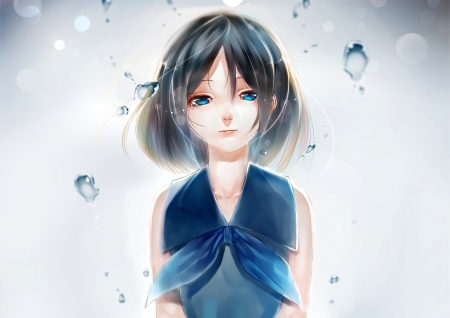 Girl - white, summer, water drops, bubbles, anime, girl, vara, blue