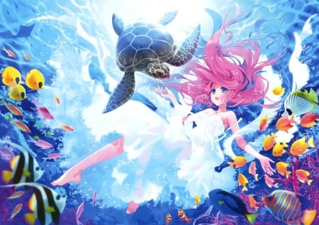 Underwater - vara, girl, summer, underwater, white, yellow, turtle, blue, pink, fish, sea, manga