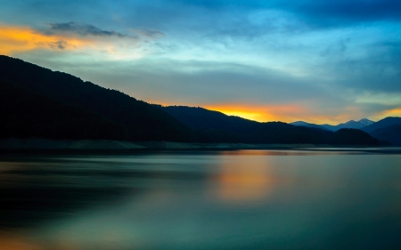 Lake Sunset - clouds, sunset, nature, mirror, lake, mountains, reflection, sky