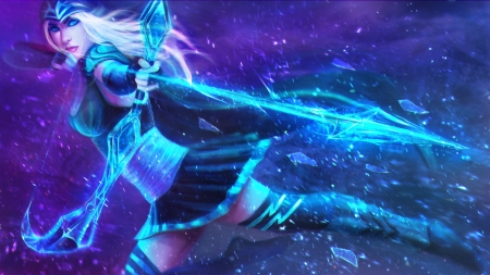 Ashe - game, league of legends, blue, girl, magicnaanavi, pink, fantasy, ashe, luminos