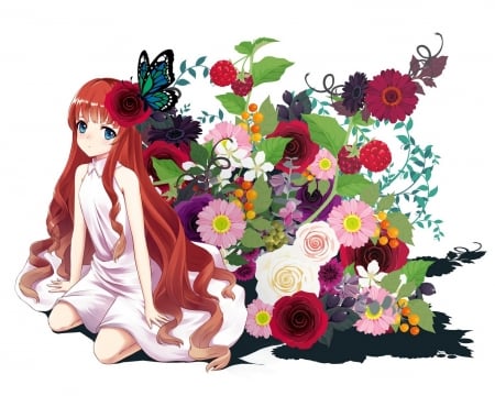 Girl - redhead, girl, lakuhito, white, butterfly, red, anime, flower, manga