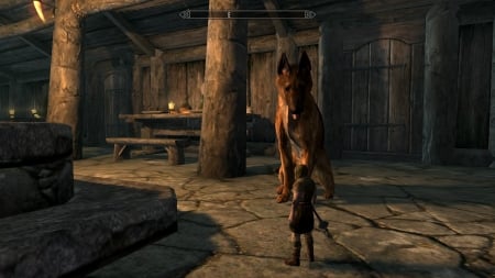 Woof! A speaking mouse! - funny pic, screenshot, sleeping giant, weird, roleplay, game, skyrim, dog, indoor, little, tavern, elder scrolls, midget, riverwood, funny, the elder scrolls v, curious, tiny, animal, dwarf, game picture