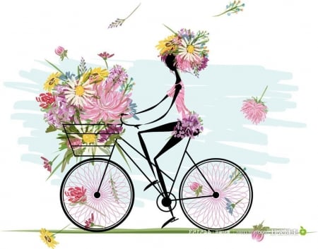 Bicycle Ride - woman, vector, riding, bicycle, flowerful