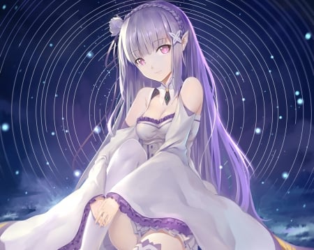 Emilia - magic, female, scenery, scene, maiden, night, light, happy, nice, purple hair, gown, hot, beauty, cute, sexy, anime, elegant, kawaii, dress, long hair, magical, purple, gorgeous, plain, hd, anime girl, beautiful, girl, simple, lovely, sweet, fantasy, smile, adorable