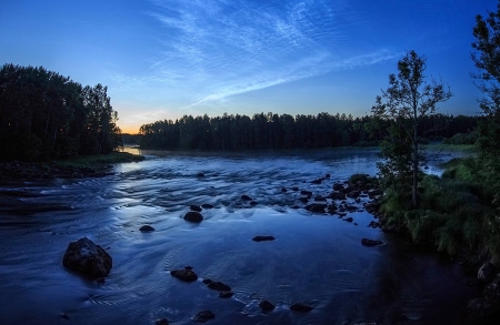 Ripples Through a Dark Sky - fun, nature, cool, forest, river, sunset