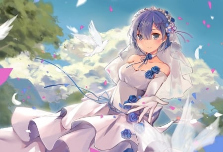 Rem - blue hair, sky, girl, rem, beautiful, magic, anime, dress