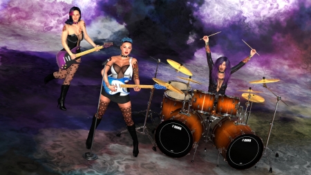 Girls band - guitar, fantasy, instrument, rendering, band, girl, nusic