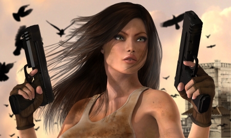 Lara Croft - game, fantasy, woman, gun, lara croft, rendering, girl, beauty