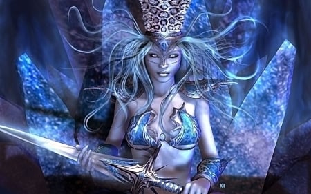 Fantasy girl - white, rendering, game, girl, blue, sword, fantasy