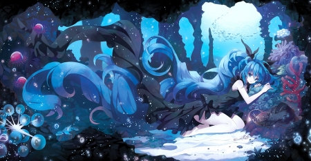 Hatsune Miku - anime, vocaloid, water, blue, girl, rednian, hatsune miku, pink, manga, white, fish