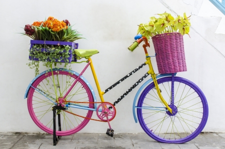 Bicycle - yellow, summer, blue, flower, pink, basket, white, bicycle, vara