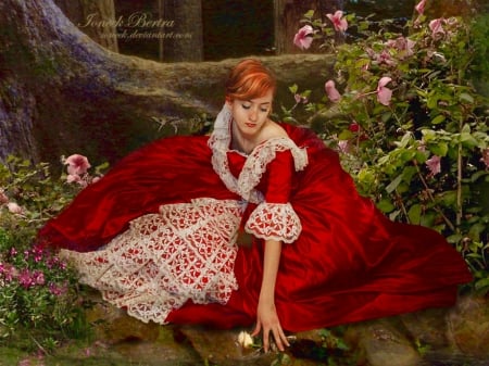 Lady in Red - pretty, gown, people, beautiful, dress, girl, flowers, fantasy, costume, lady, red, digital, woman, garden, art