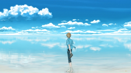 Boy on the beach - anime, blue, beach, sea, angel, ocean, boy, cloud, sky