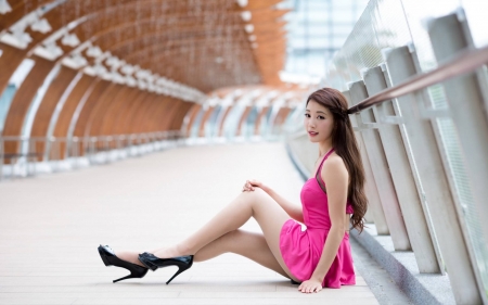 girl in a pink dress - woman, fun, actress, stilettos, people, girl, asian, model, white, cool, pink, celebrity, dress, shoes