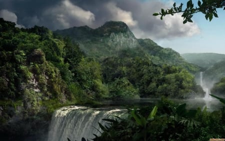 jungle waterfall - waterfall, tree, mountain, jungle