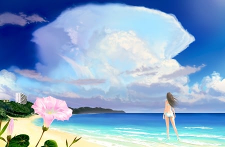 On the beach - summer, blue, beach, girl, sea, flower, akio bako, pink, white, cloud, morning glory, vara, sky