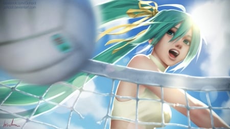 Hatsune Miku - anime, vocaloid, summer, gohpot, blue, beach, girl, hatsune miku, manga, voleyball, vara