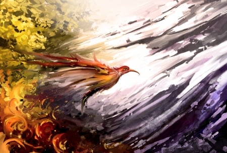 Phoenix - flower, phoenix, fantasy, bird, yellow, luminos, art