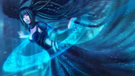 Ashe - girl, game, luminos, blue, league of legends, ashe, fantasy, magicnaanavi