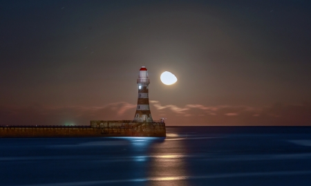 Lighthouse - moon, water, lighthouse, sea, night, luna