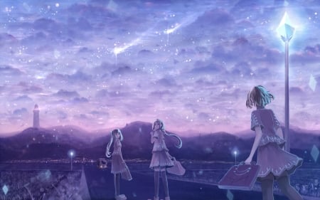 Going to school - bou nin, anime, blue, girl, morning, pink, manga, purple, luminos, sky