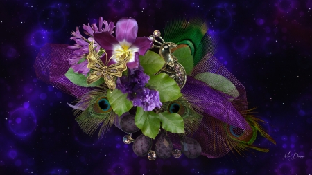 Flowers and Feathers - purple, peahen, peacock, gold, dramatic, feathers