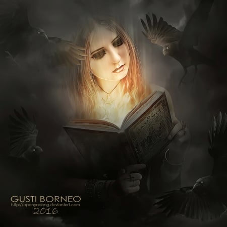 Secret - ravens, book, lady, fantasy