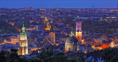 Lviv, Ukraine - evening, churches, city, cityscape, towers, lights