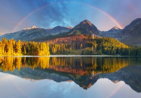 Mount Hrebeniok, Tatra, Slovakia - clouds, trees, rainbow, autumn, lake, reflection, sky