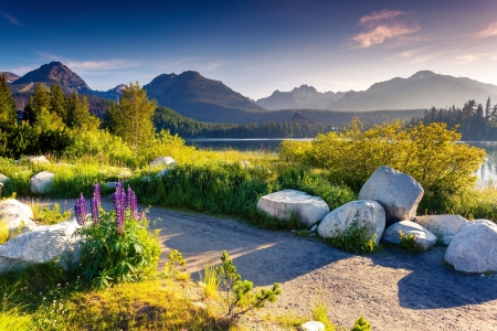 Tatras Mountains, Slovakia - sky, landscape, sunset, stones, path