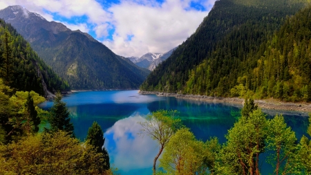 Landscape with mountain and lake - lake, sky, mountain, trees, landscape, hills, shore, view, reflection, blue, beautiful