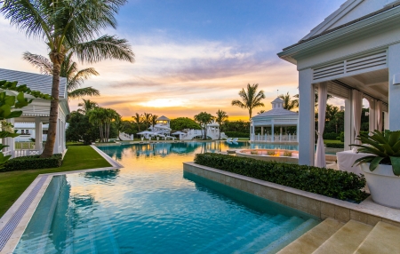 luxury house - heaven, house, luxury, trees, blue, beautiful, sunset, nature, pool, paradise