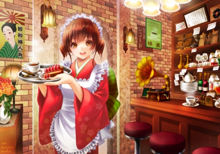 Anime girl - girl, tea, cup, red, anime, dessert, food, yuzu 5101, manga