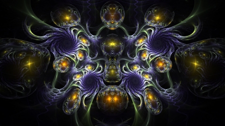 Fractals - purple, black, yellow, fractals, luminos, abstract, blue