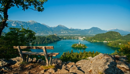 Lake Bled Overview, Slovenia - church, water, island, mountains, bench