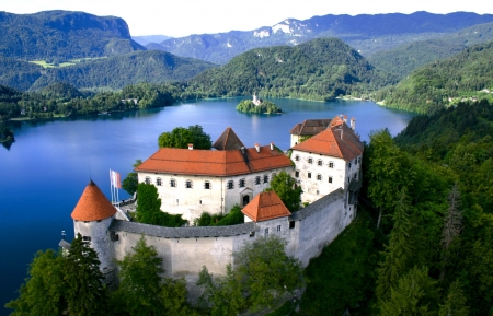 Bled Castle, Slovenia - nature, building, lake, island, mountains