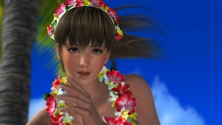 Hitomi - Ocean, Cute, Flowers, Hitomi, Blue Eyes Anime, Pretty Girl, Doa5, Hawaii, Summer, Beach