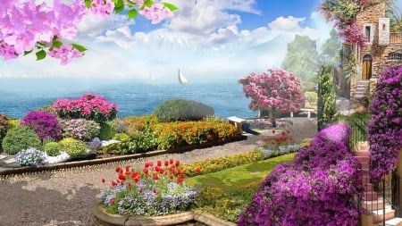 Garden by the Sea - beach, trees, summer, sailing, path, spring, european, flowers, sailboat, sea, garden