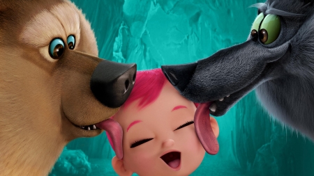 Storks (2016) - storks, tongue, movie, child, copil, funny, animation, pack, wolf, kiss, baby, pink, animal, green, smile, cute